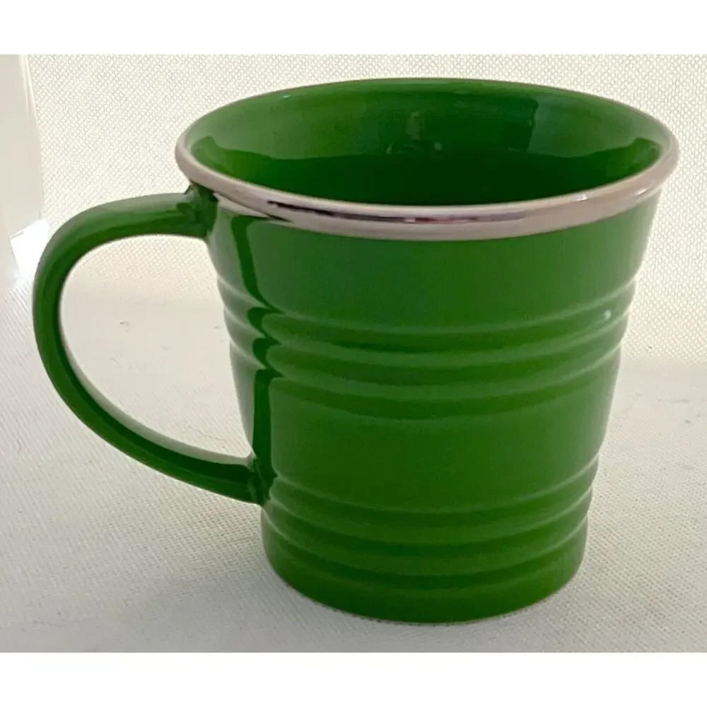 Starbucks 2007 Green Ceramic Coffee Mug 14 oz Silver Rim Ribbed Vintage Cup